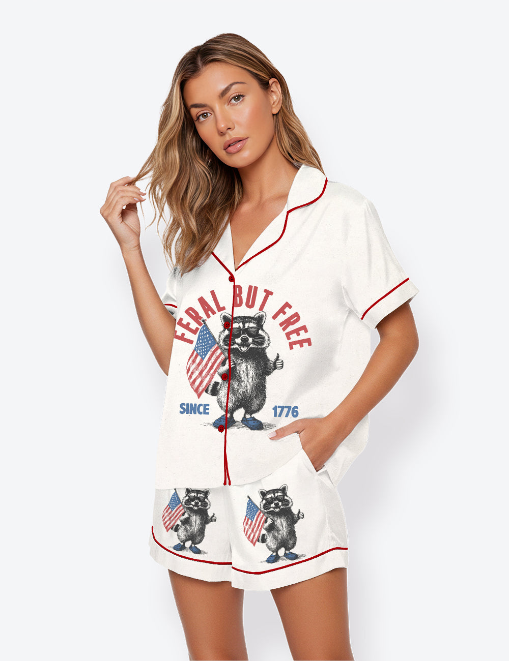 Women’s USA 4th Of July 250th Anniversary Feral But Free Raccoon Short Sleeve Satin Pajama Set